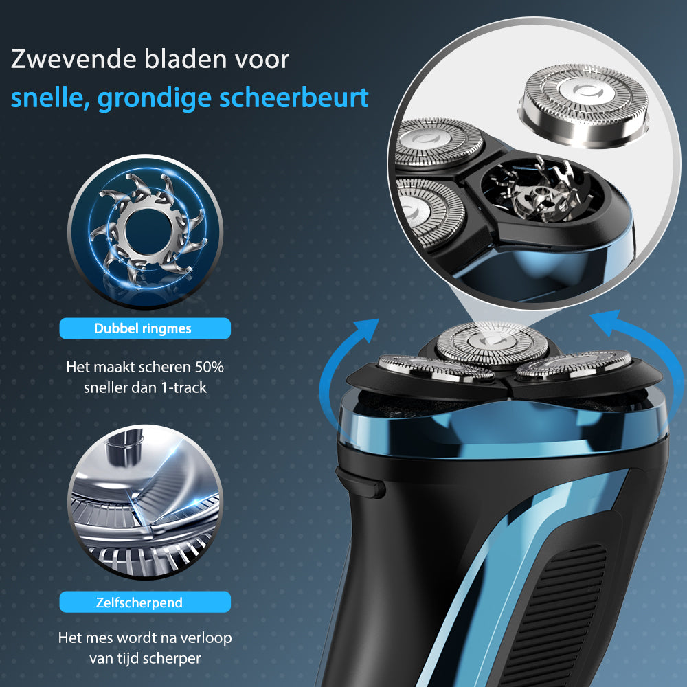Scheerapparaat voor mannen Pro: Elektrisch nat en droog scheren, incl. GRATIS reisetui & 3 vervangende scheerkoppen